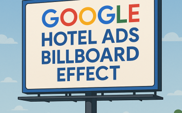 Create an image for a blog post titled The Google Hotel Ads Billboard Effect. The image should feature a billboard with a design that incorporates elements reminiscent of Google.